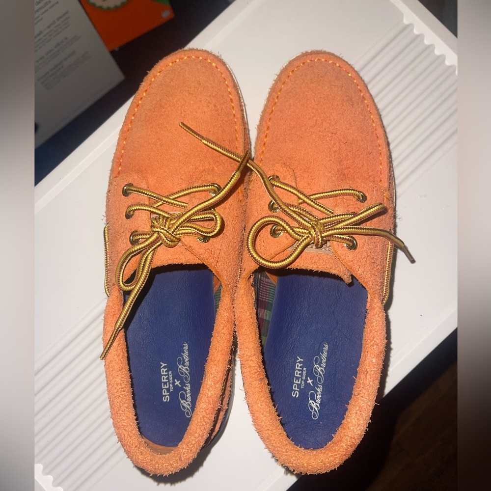 Sperry Orange Suede Moc Toe Boat Shoes with Cream Sole - Picture 3 of 5